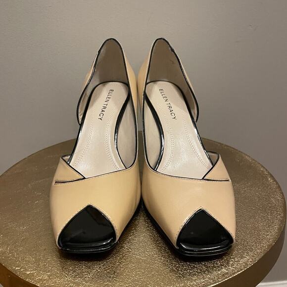 Nude Leather 8 Ellen Tracy Raleigh Pumps | Black Trim, Peep Toe Heels, NWOB $200 - Picture 11 of 12